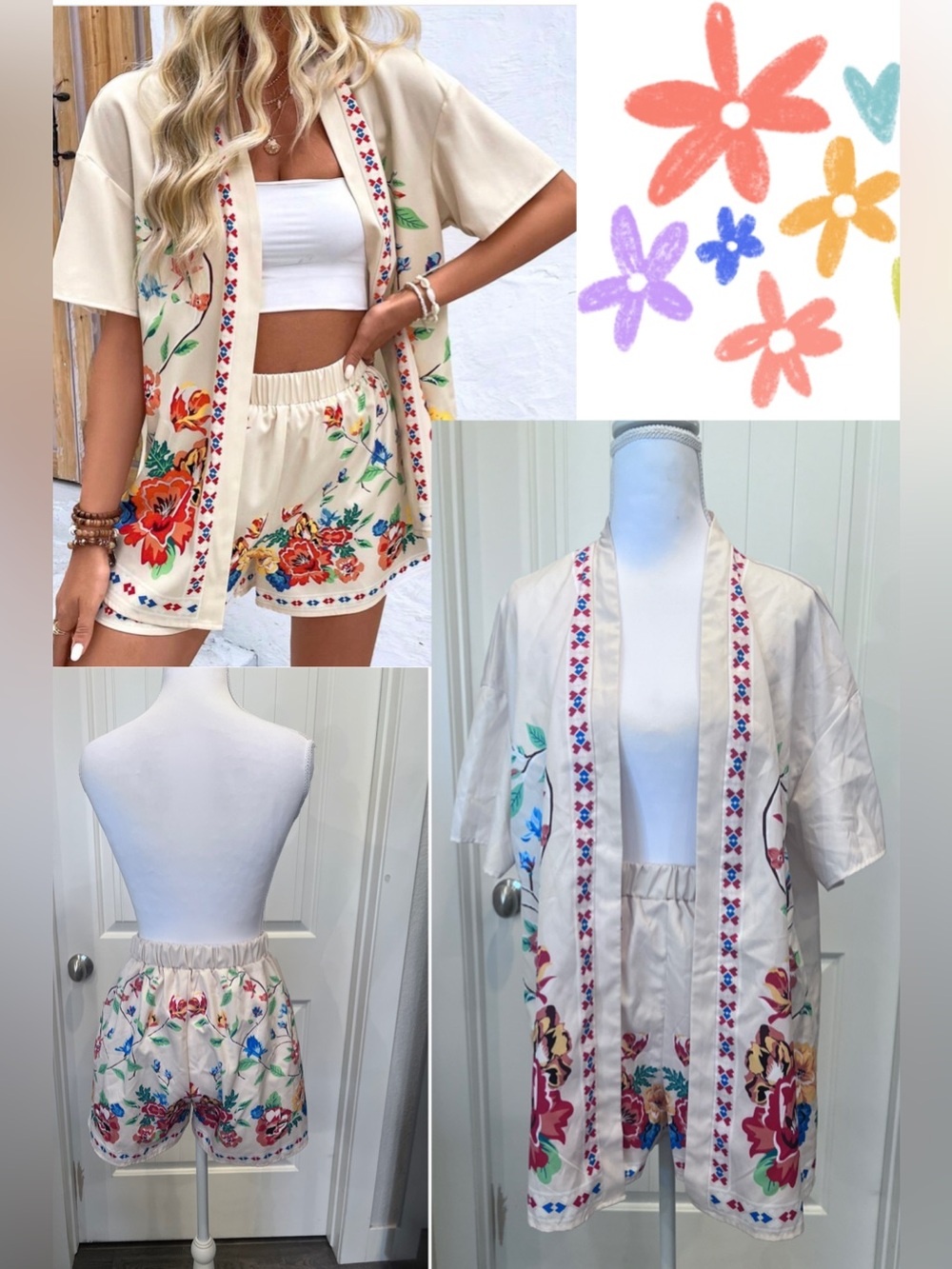 Cream Floral Print Lounge Short Set Sz Medium 6